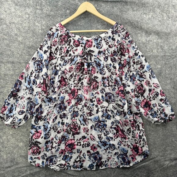 Chaps Top Womens Plus Size 3X Blue Pink Floral Popover Flowy 3/4 Sleeve V Neck - Picture 2 of 8